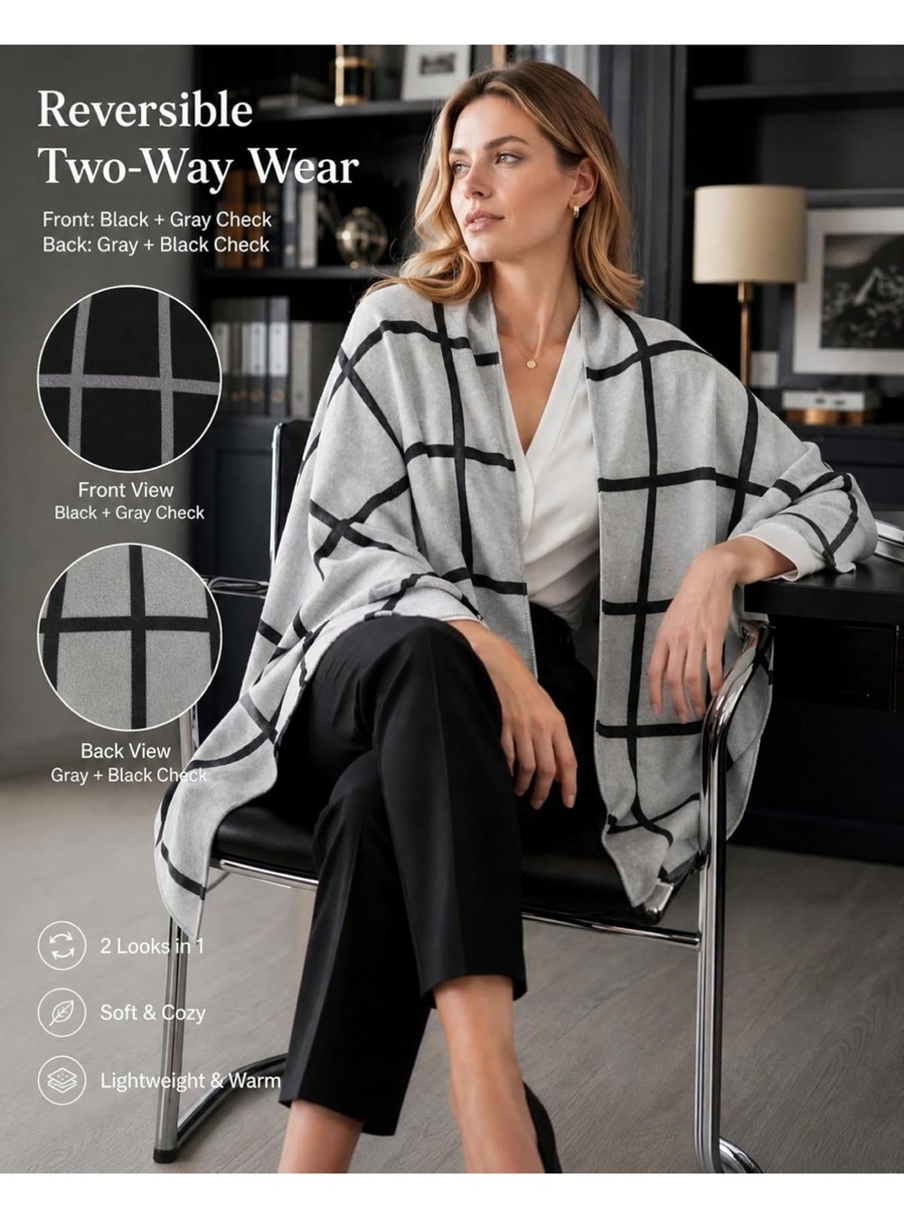 Windowpane Black/Grey Reversible Open Front Ruana Poncho - Picture 7 of 11